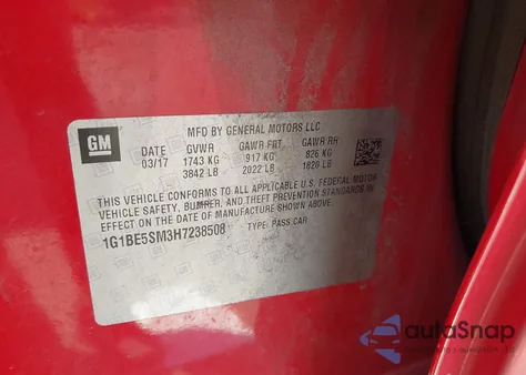 2017 Chevrolet Cruze Lt Auto from USA, damaged, VIN 1G1BE5SM3H7238508